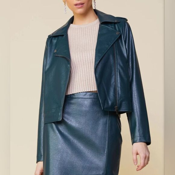 Skies Are Blue Vegan Leather Moto Jacket Astro Green Size Small - Picture 2 of 11